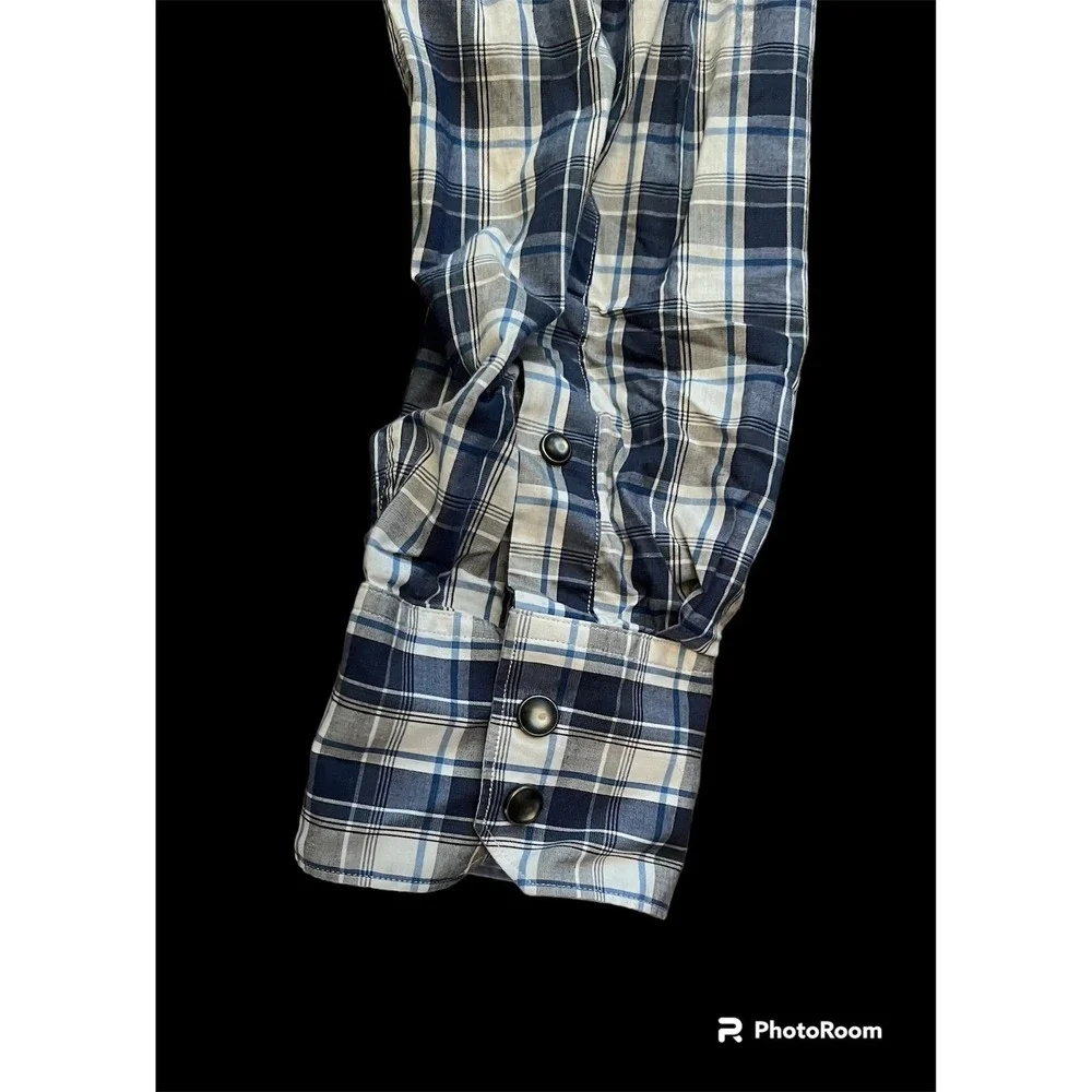Banana Republic Men Size L Blue Windowpane Cotton Pearl Snap Long Sleeve Shirt